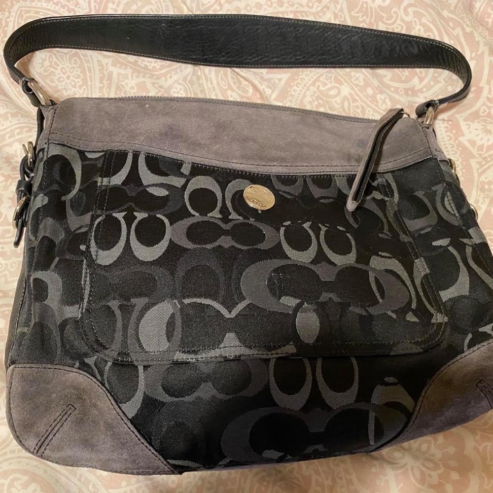 Coach Purse Black Gray Suede Signature